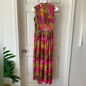 Vintage colorful, patterned maxi dress. Handmade. Peephole detail